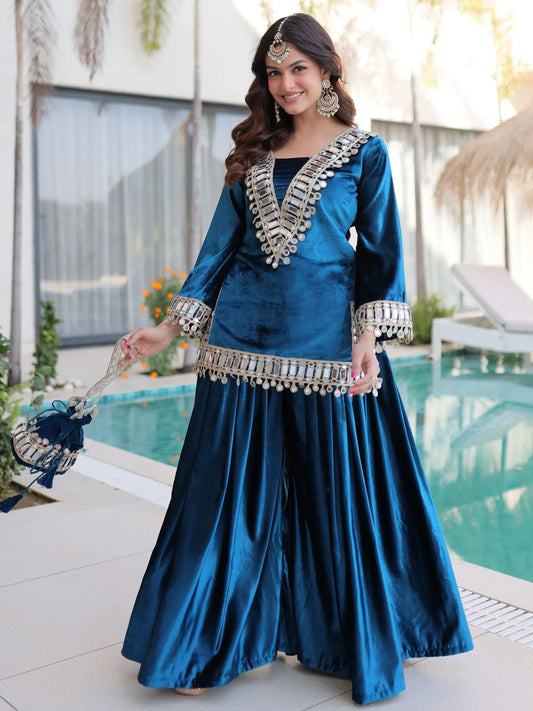 Elegant Teal Blue/Purple Zari Velvet Mirror Work Sharara Set for Women Festive Party Wear