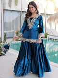 Teal blue and purple velvet mirror work sharara set for women, festive party wear