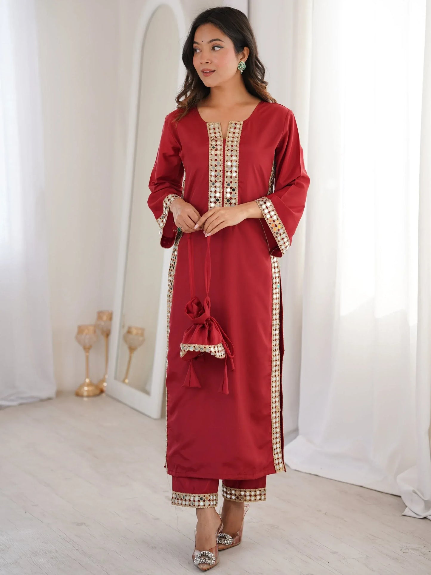 Stylish Mirror Laced Crepe Wedding Wear Kurti With Pant