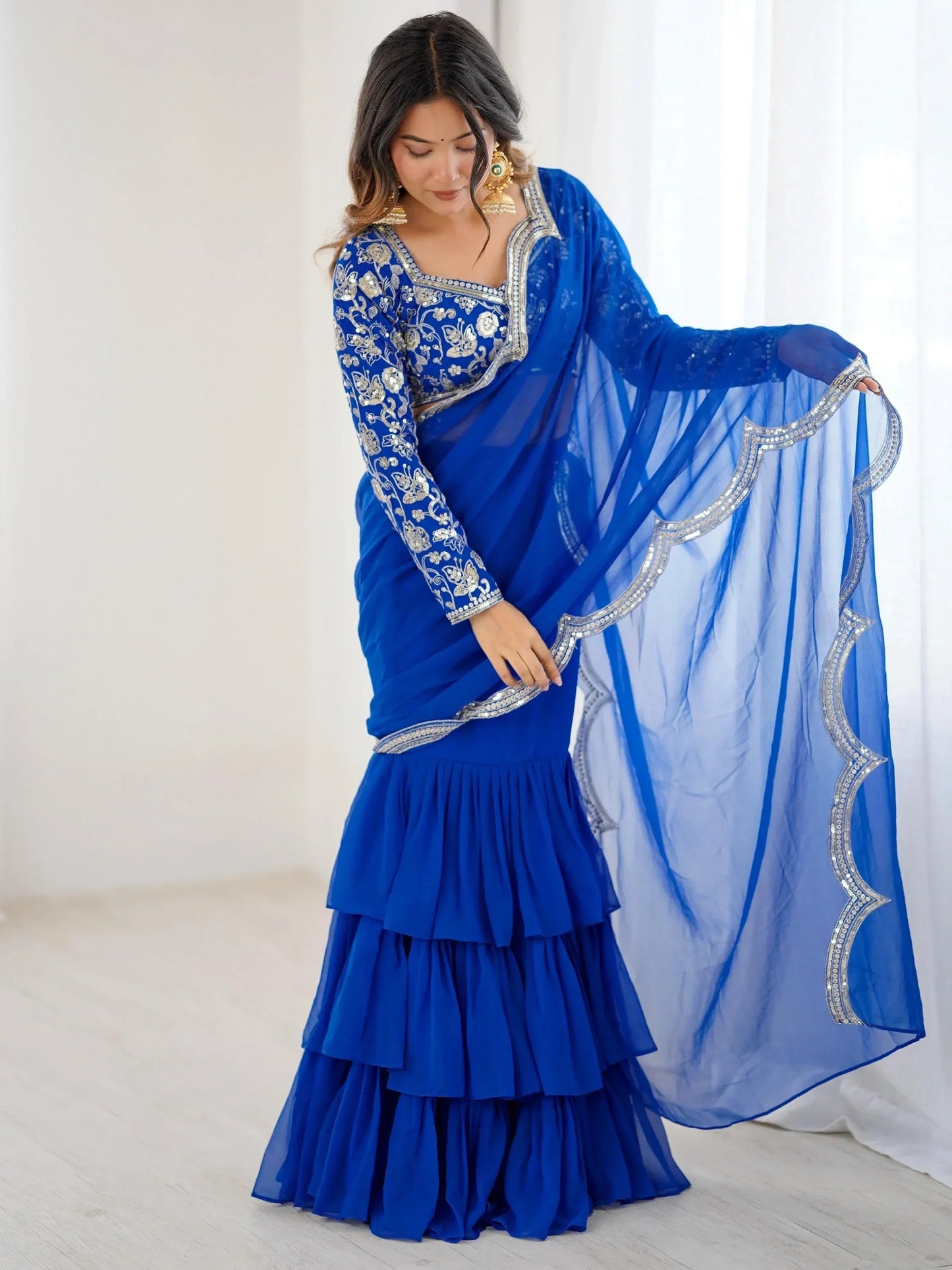 Blue Sequins Georgette Wedding Wear Lehenga Saree