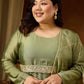 Women's Plus Size Sage Green Silk Blend Flared Gown With Embellished Belt