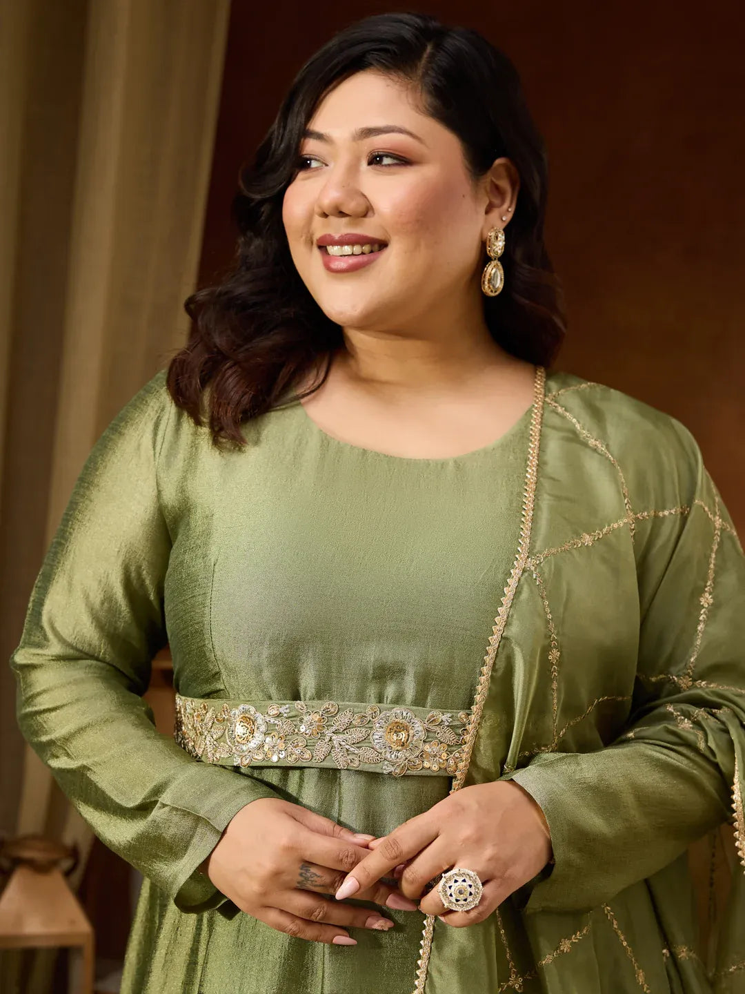 Women's Plus Size Sage Green Silk Blend Flared Gown With Embellished Belt