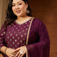 Women's Plus Size Wine Chanderi Silk Embellished Gold Printed Straight Kurta With Sharara & Dupatta Set