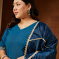 Women's Teal Blue Chanderi Silk Embellished Straight Kurta With Palazzo & Dupatta Set