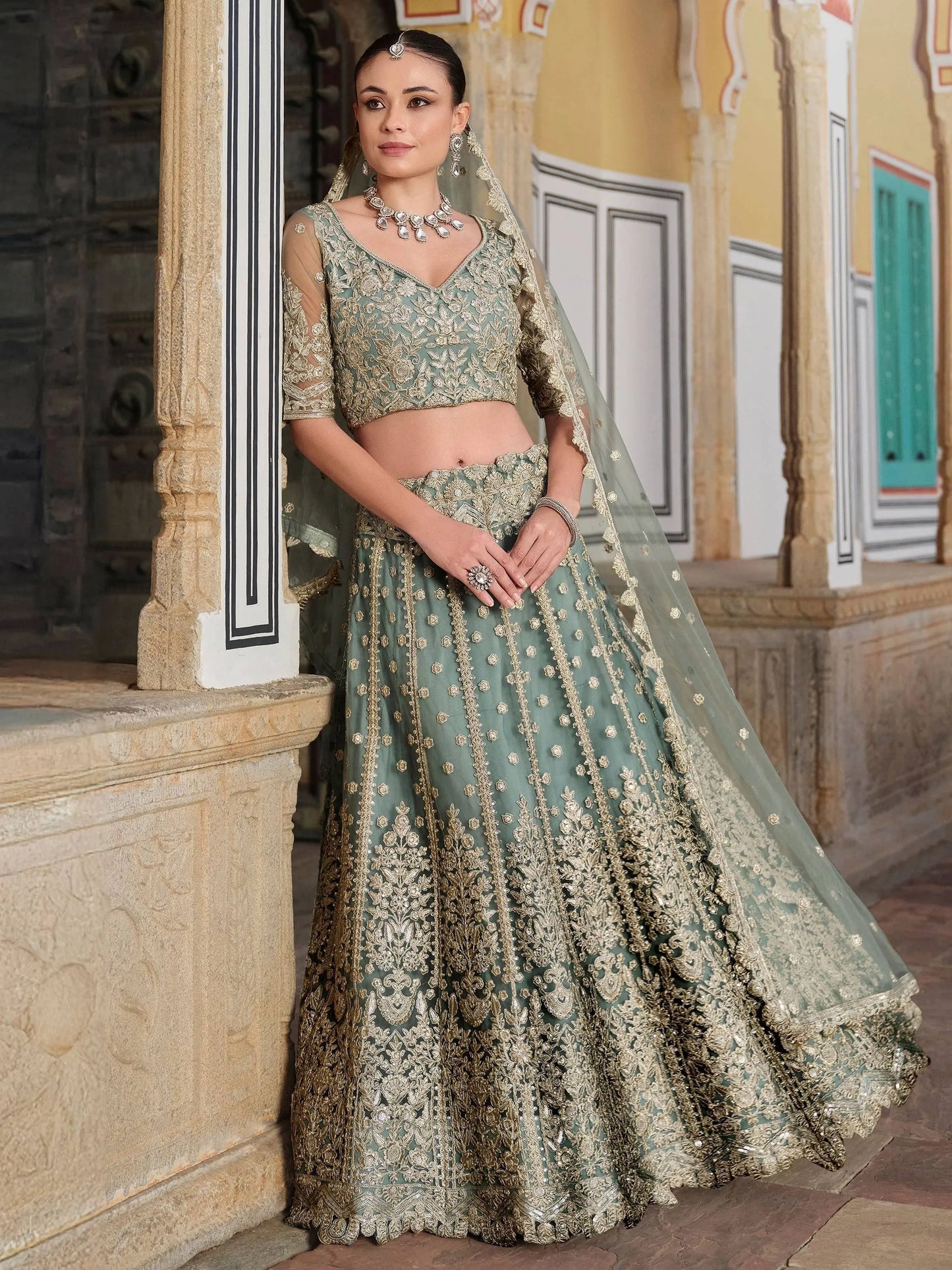 Zari Work Net Bridesmaid Lehenga Choli With Dupatta - Pista Green, Purple, Teal Green