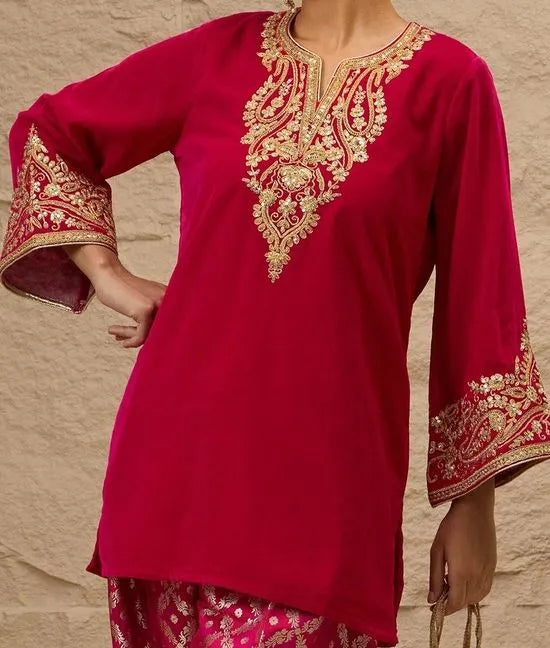 Ethnic Motifs Embroidered Thread Work Velvet Kurta With Patiala