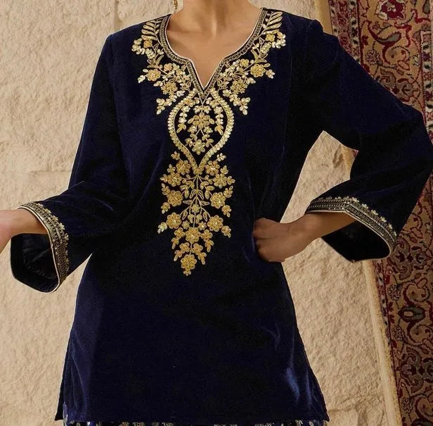 Ethnic Motifs Embroidered Thread Work Velvet Kurta With Patiala