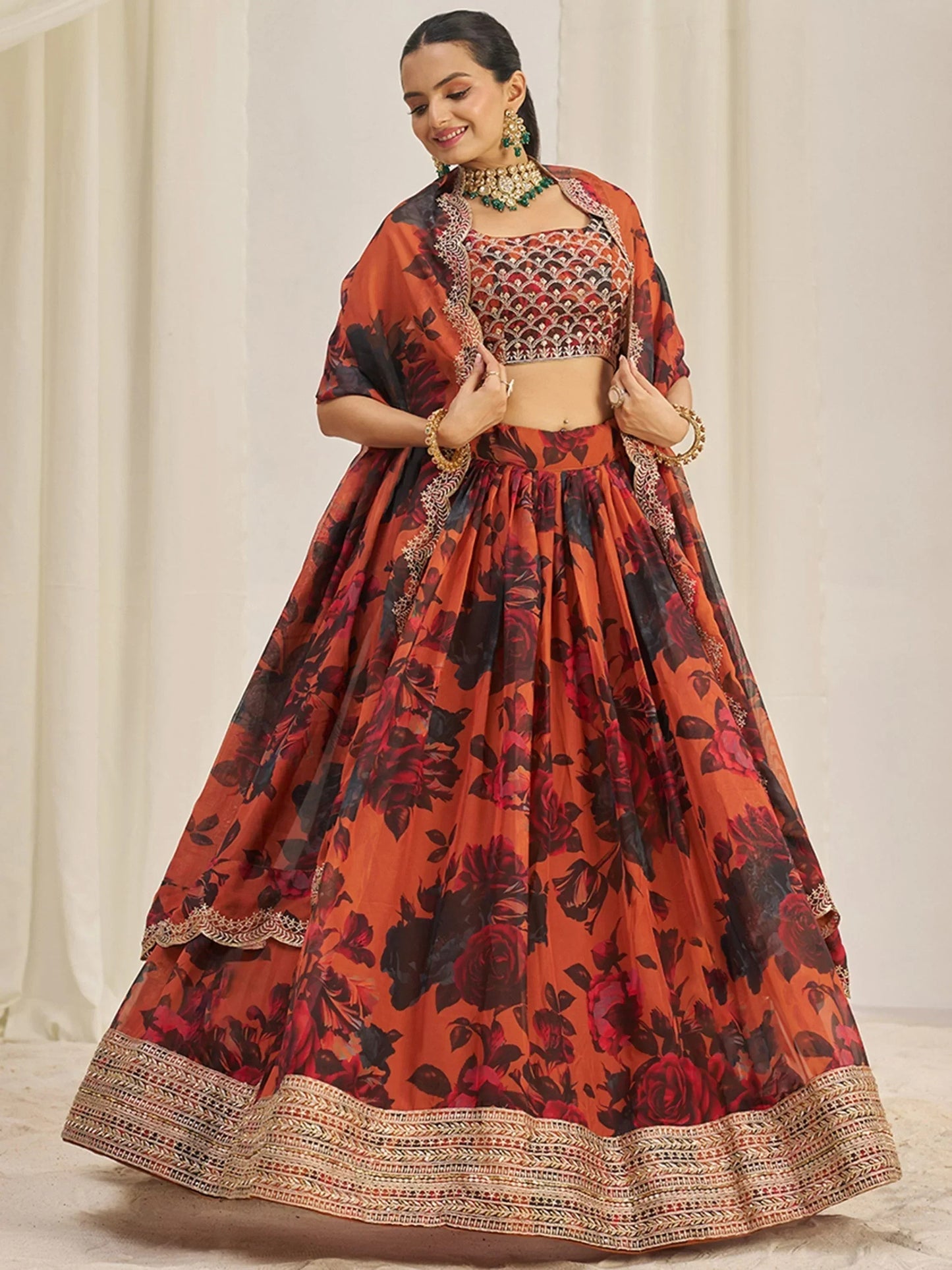 Stunning Orange Sequins Organza Party Wear Lehenga Choli With Dupatta