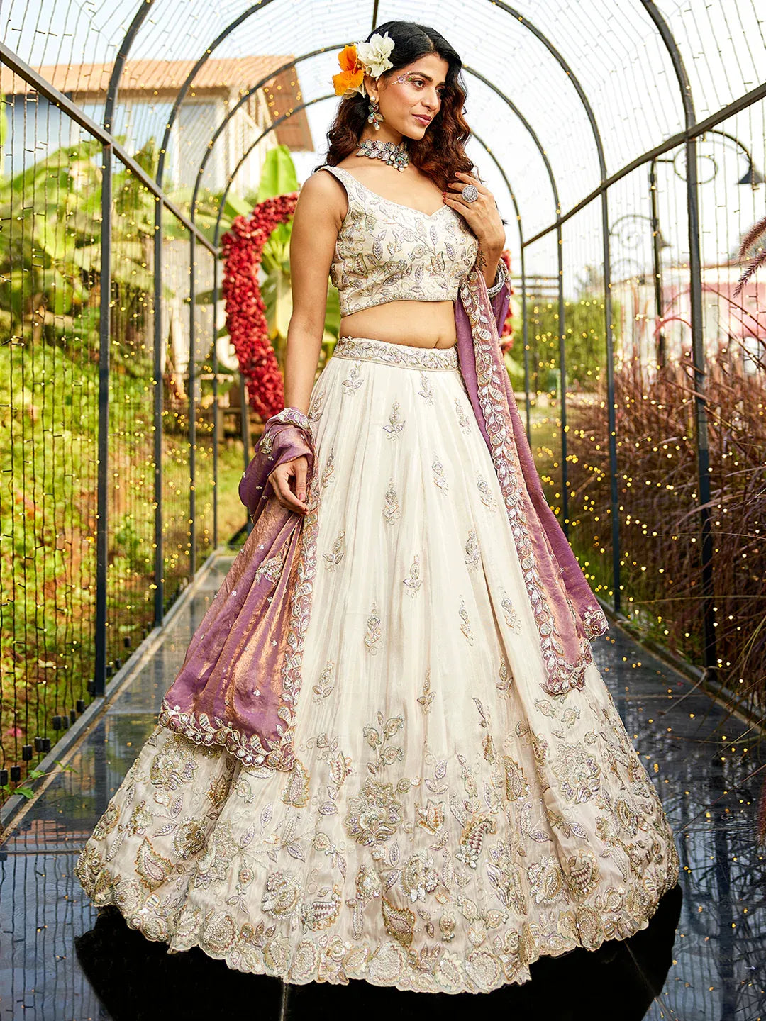 Tissue Fabric with Sequins & Thread Embroidery Semi-Stitched Lehenga Choli & Dupatta - Green/Orange/Purple