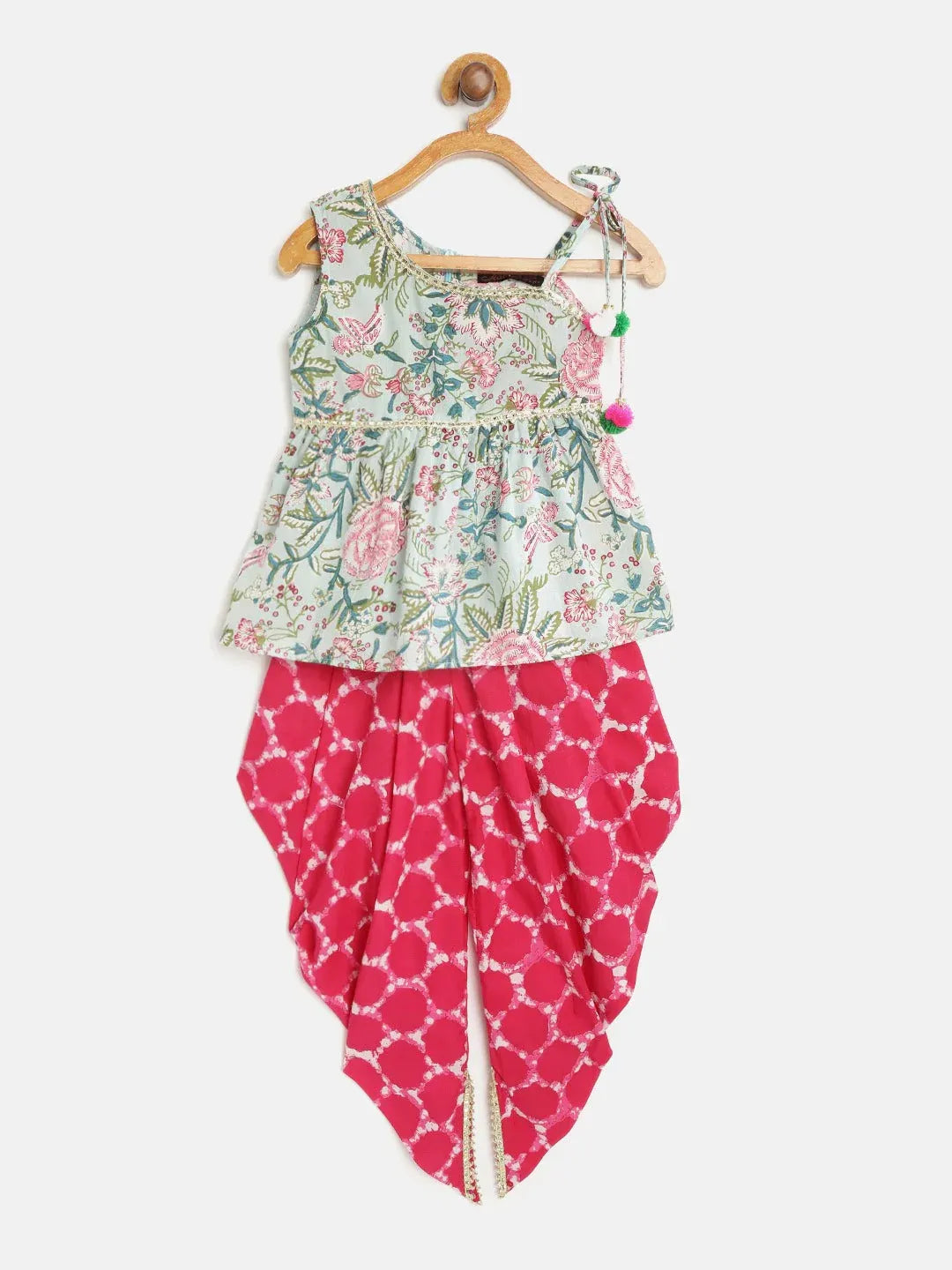 Girls Green & Pink Floral Printed Pure Cotton A-Line Kurti with Dhoti Pants