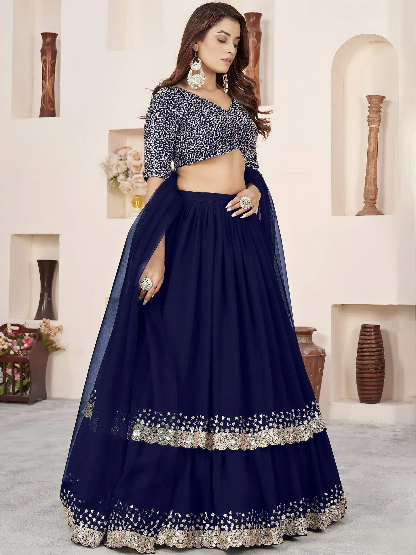 Embellished Sequinned Semi-Stitched Lehenga Choli With Dupatta