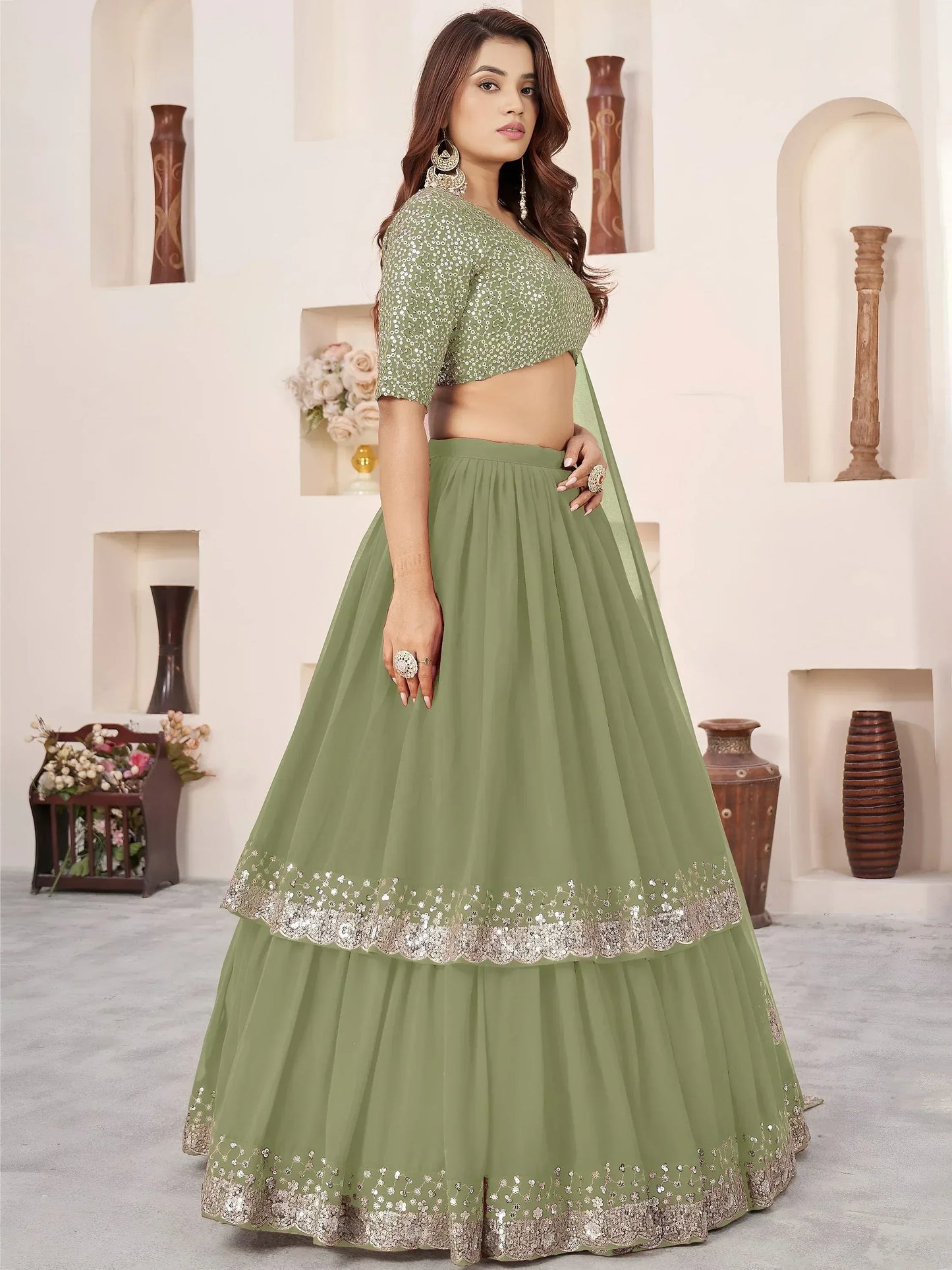 Embroidered Sequinned Semi-Stitched Lehenga & Unstitched Blouse With Dupatta
