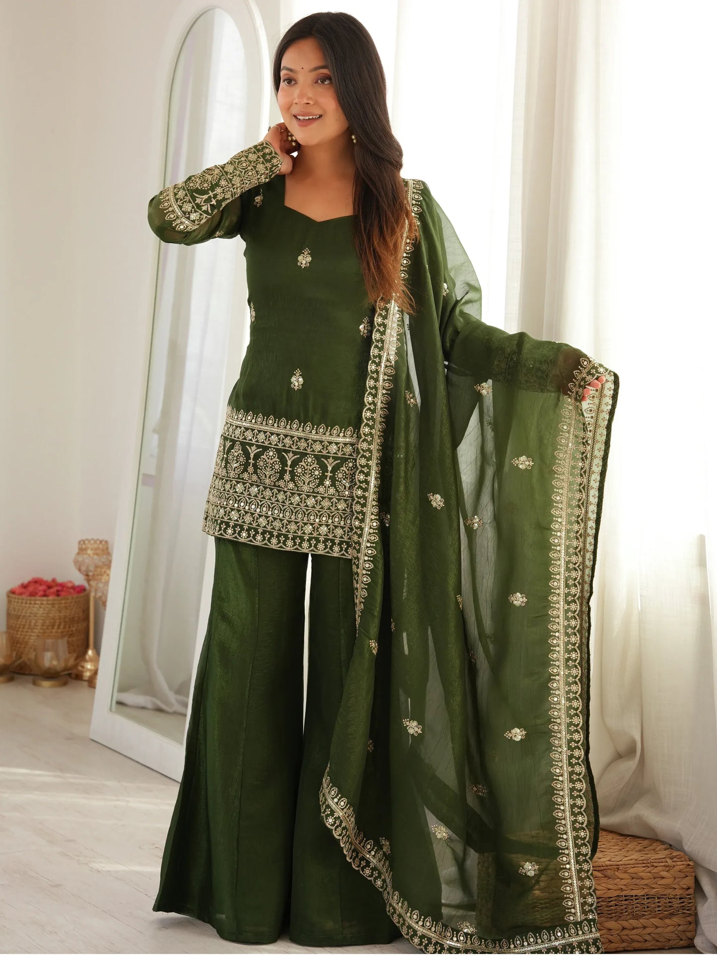 Green Zari Work Silk Mehendi Wear Palazzo Suit