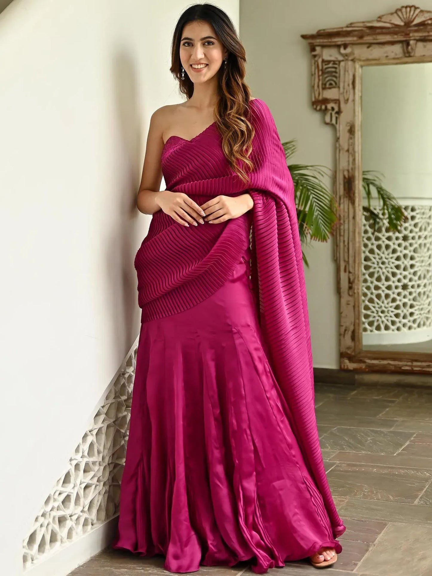 Magenta Pink Pleated Ready to Wear Saree