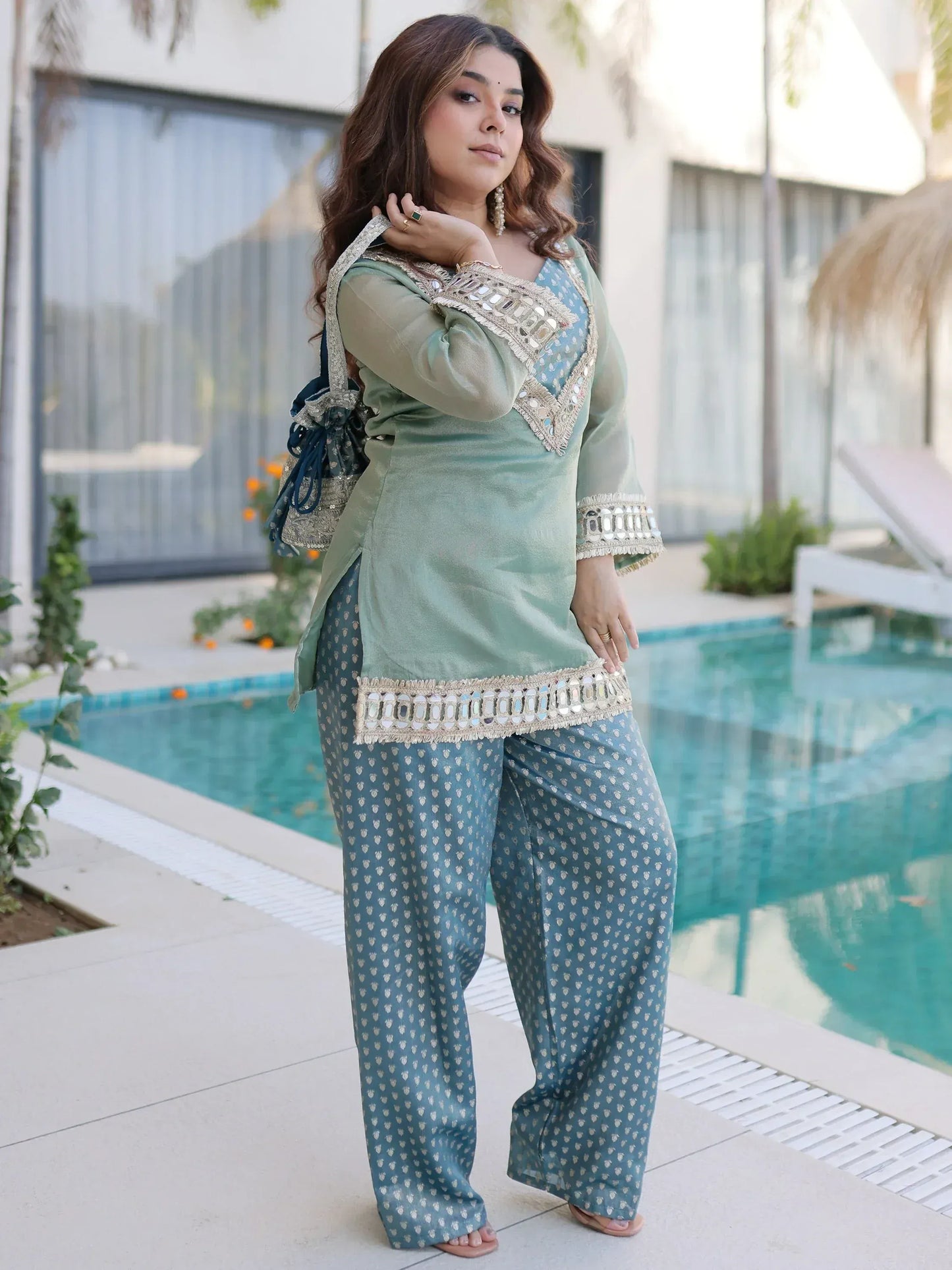 Fabulous Mirror Work Organza Function Wear Top With Palazzo
