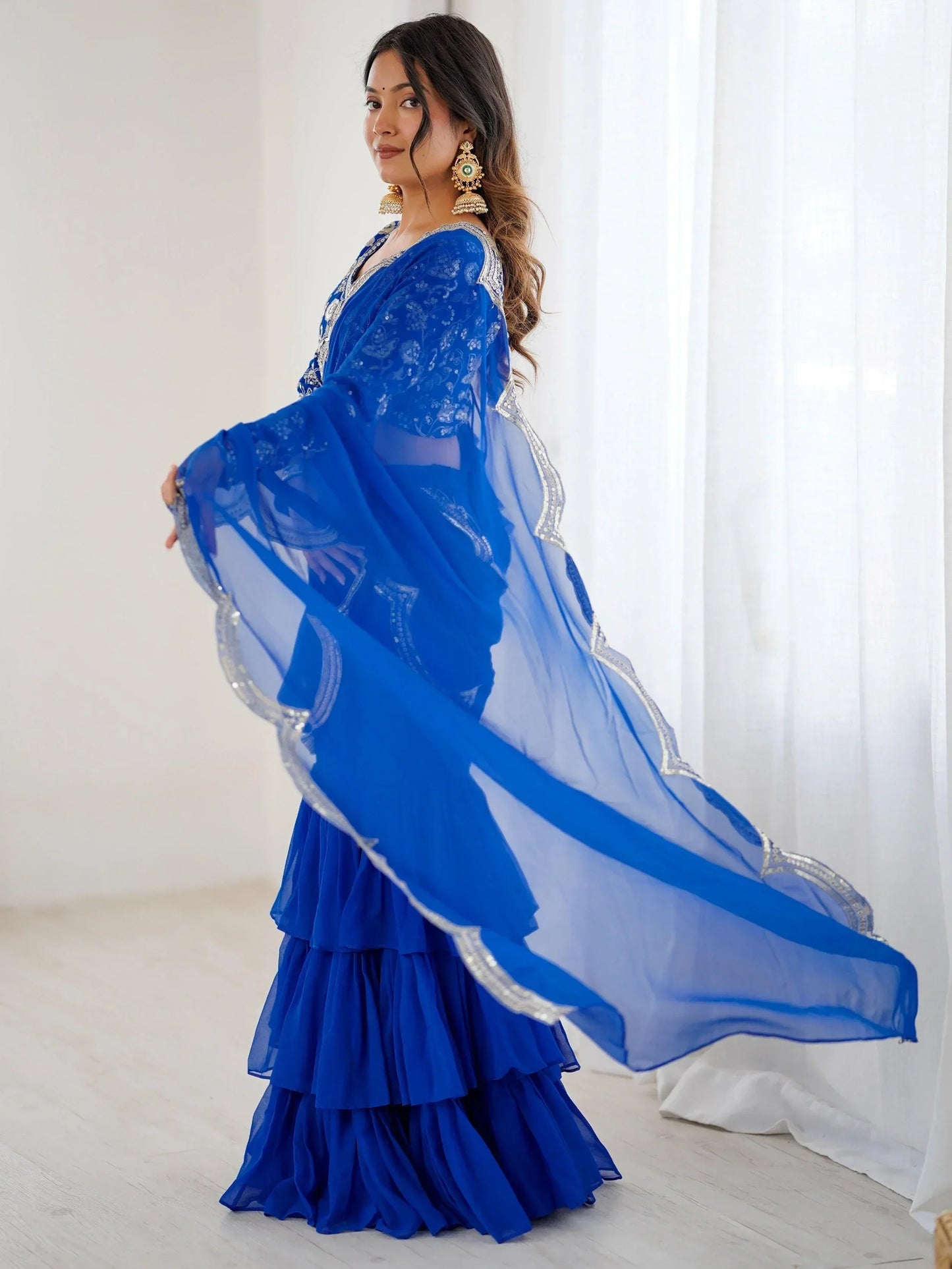 Blue Sequins Georgette Wedding Wear Lehenga Saree