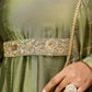 Women's Plus Size Sage Green Silk Blend Flared Gown With Embellished Belt