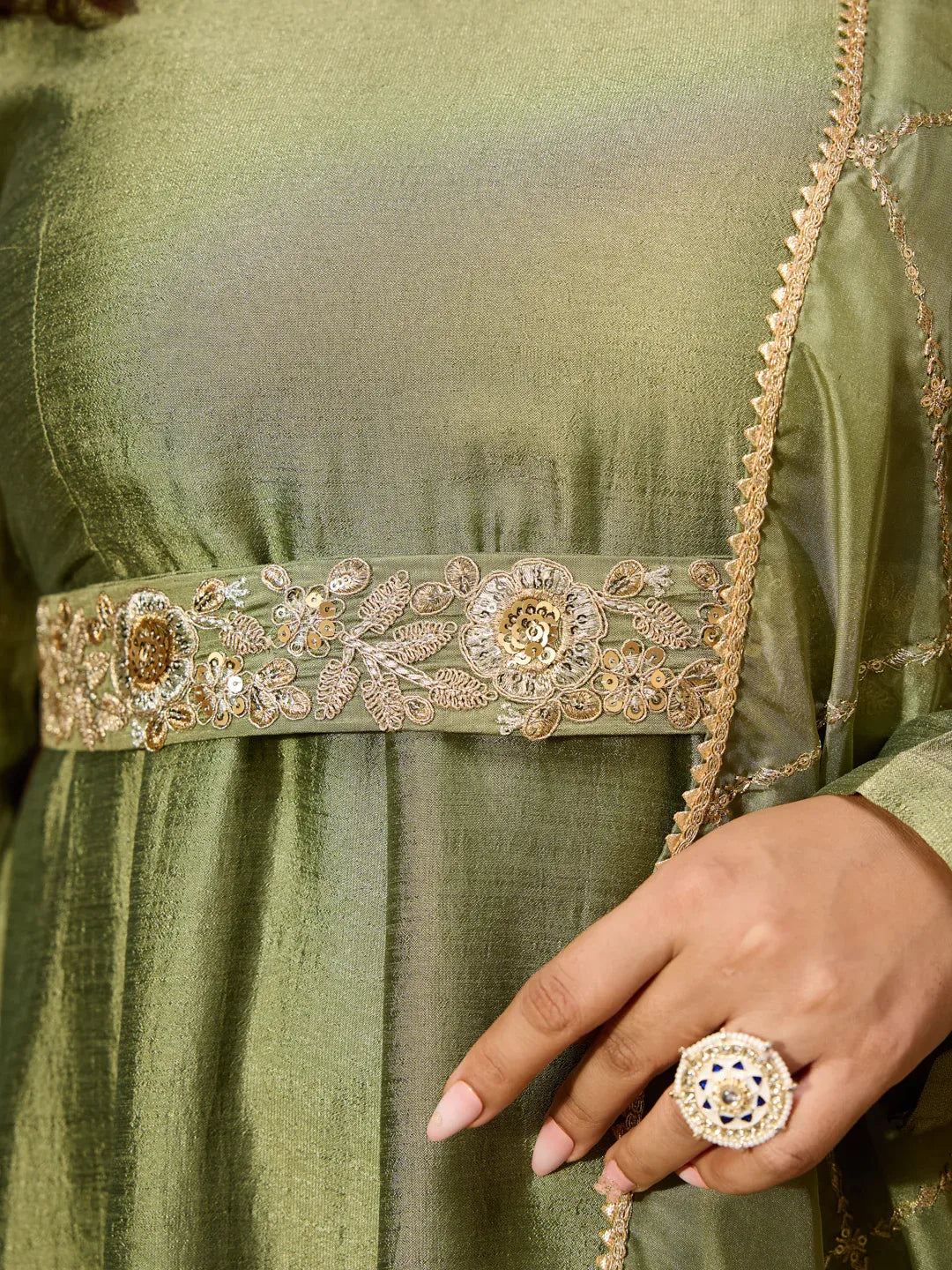 Women's Plus Size Sage Green Silk Blend Flared Gown With Embellished Belt