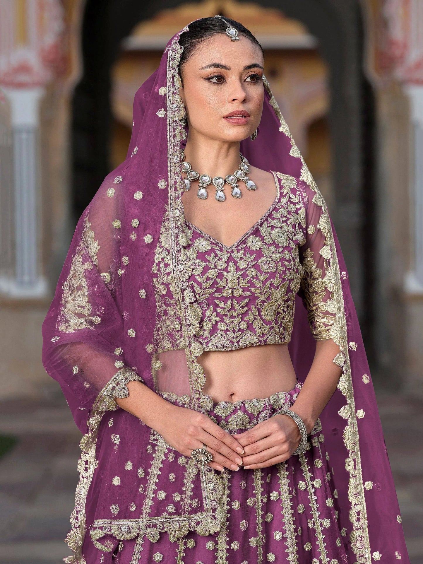 Zari Work Net Bridesmaid Lehenga Choli With Dupatta - Pista Green, Purple, Teal Green