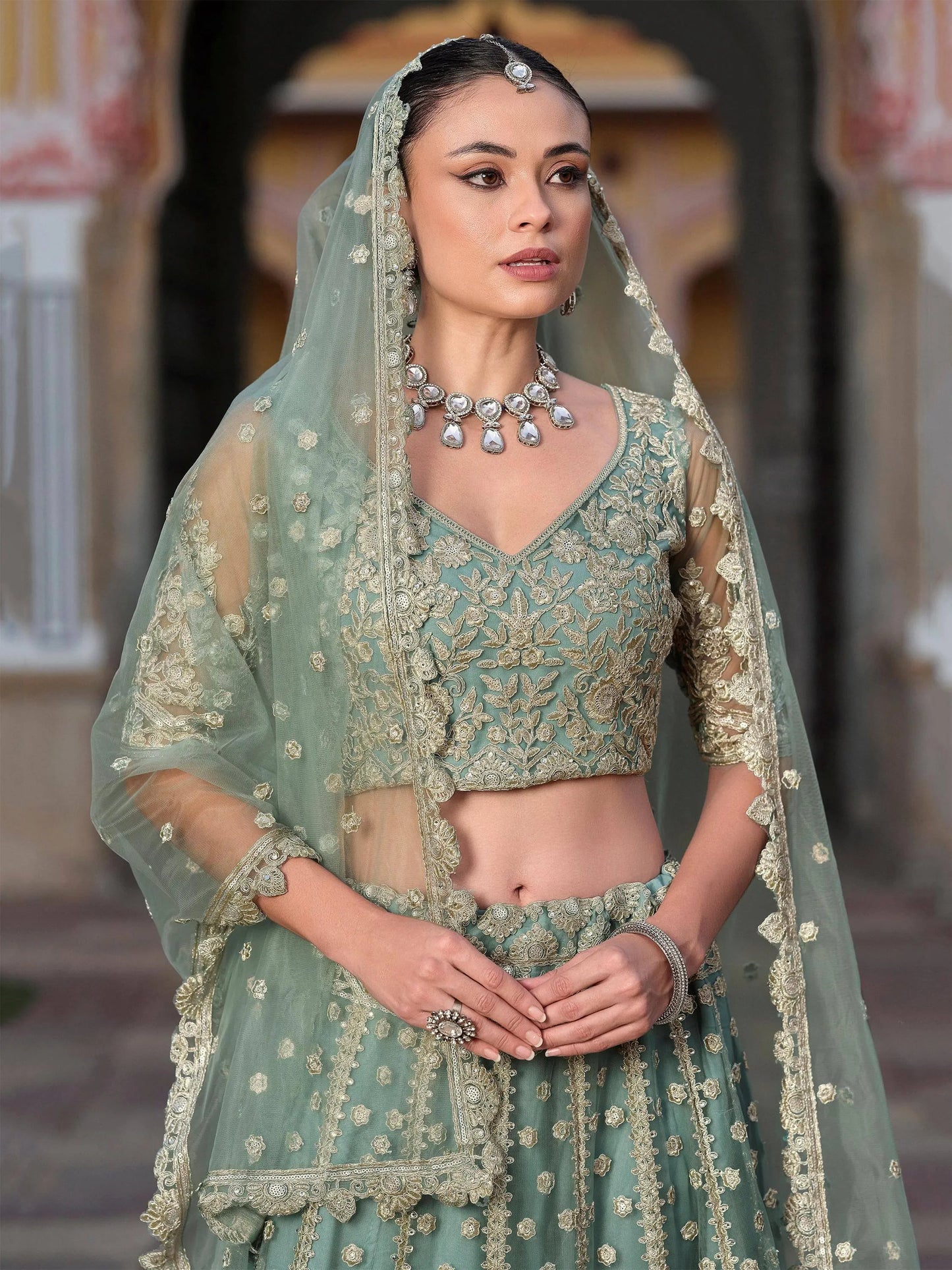 Zari Work Net Bridesmaid Lehenga Choli With Dupatta - Pista Green, Purple, Teal Green