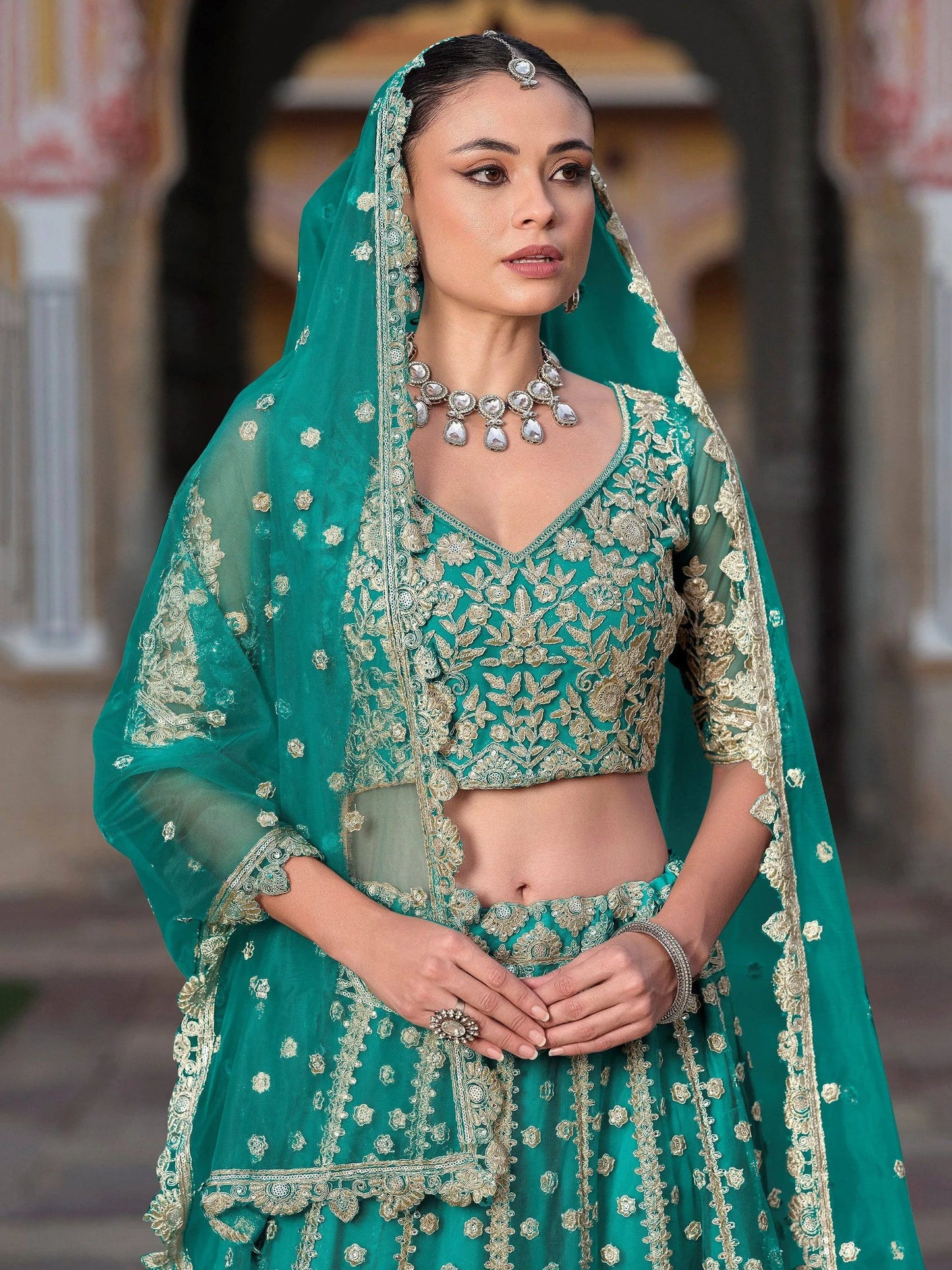 Zari Work Net Bridesmaid Lehenga Choli With Dupatta - Pista Green, Purple, Teal Green