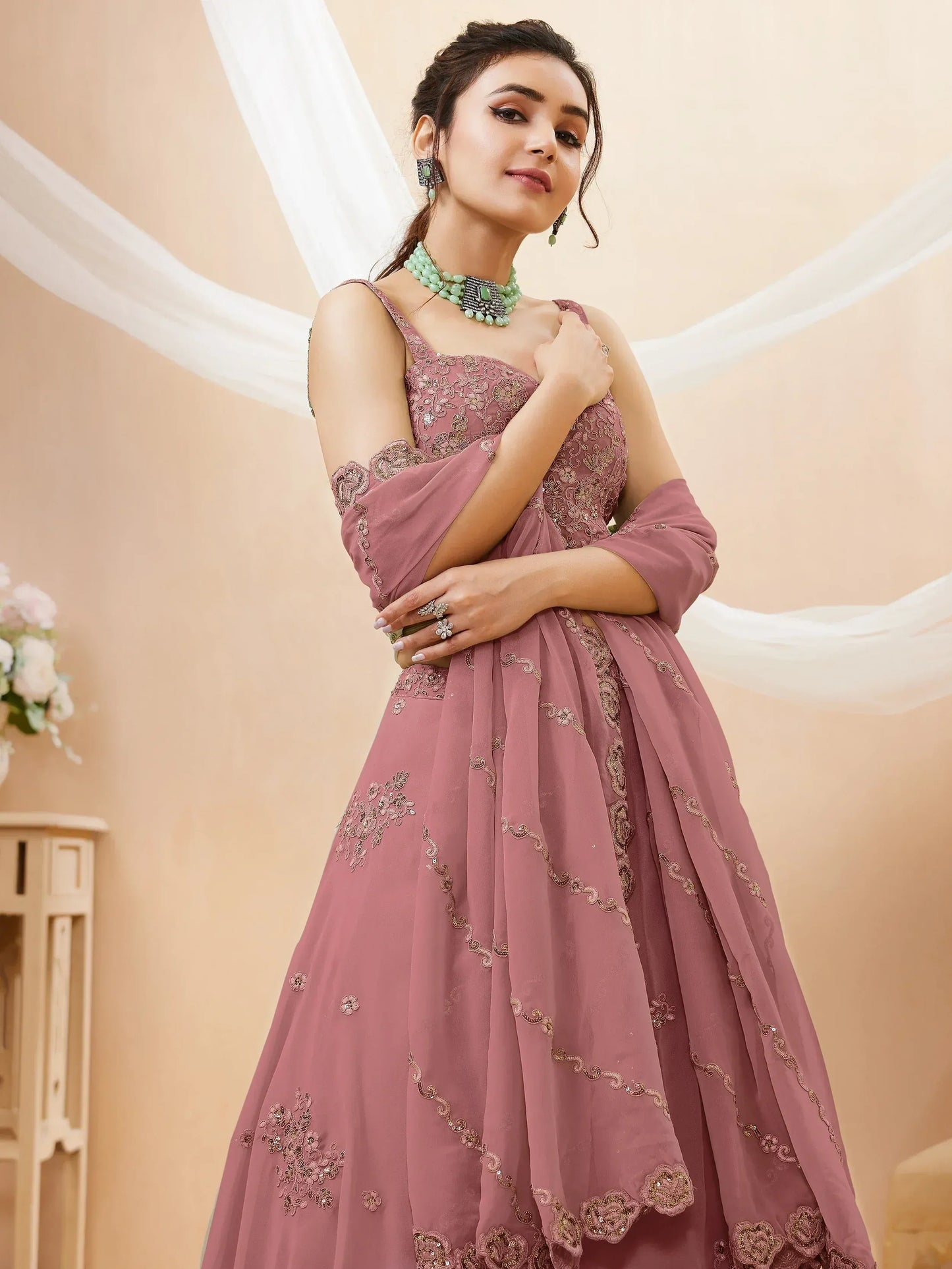 Pink & Silver-Toned Embroidered Sequinned Bridal Lehenga Choli Set With Dupatta