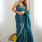 Teal Blue Tissue Silk Pre Stitched Saree With Blouse