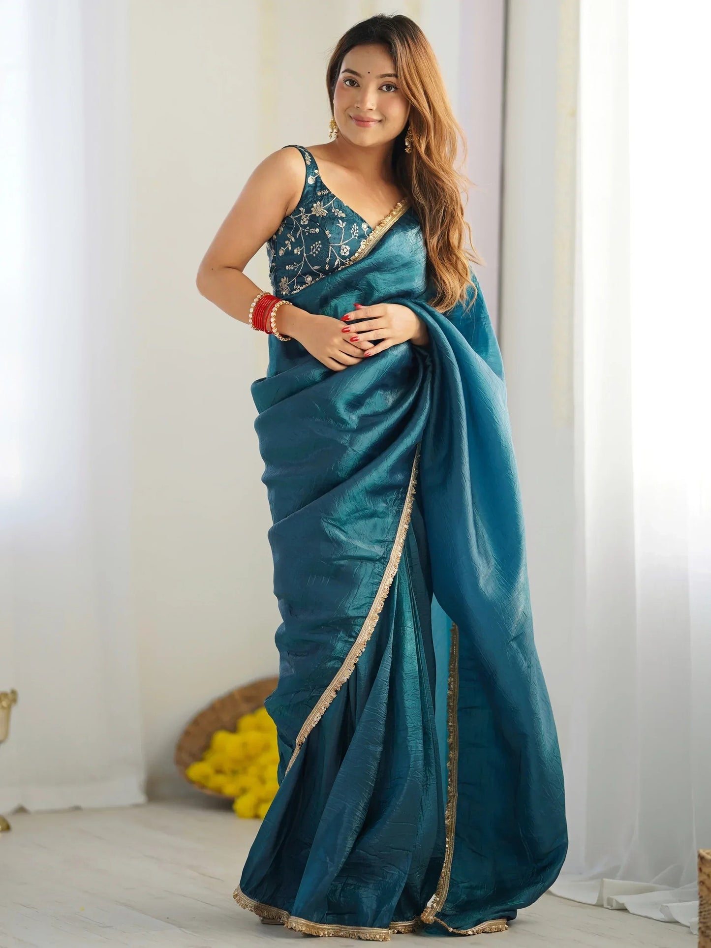 Teal Blue Tissue Silk Pre Stitched Saree With Blouse