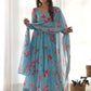 Beautiful Sky-Blue Floral Printed Georgette Anarkali Pant Suit