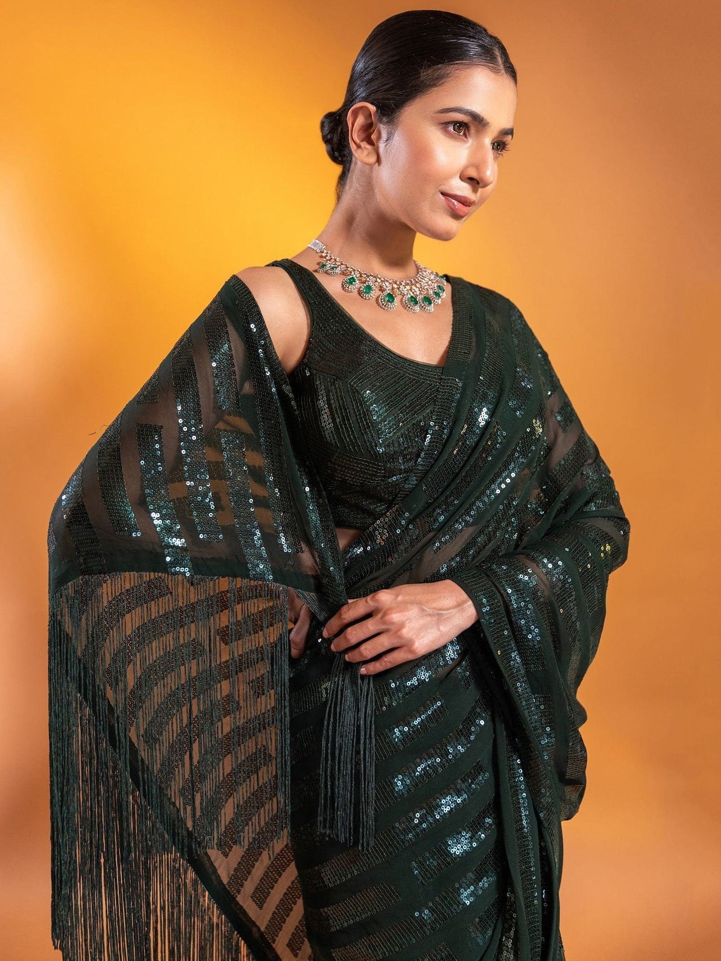 Green Sequins Georgette Party Wear Saree With Blouse