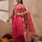 Coral V-Neck Crop Top With Draped Skirt & Cape