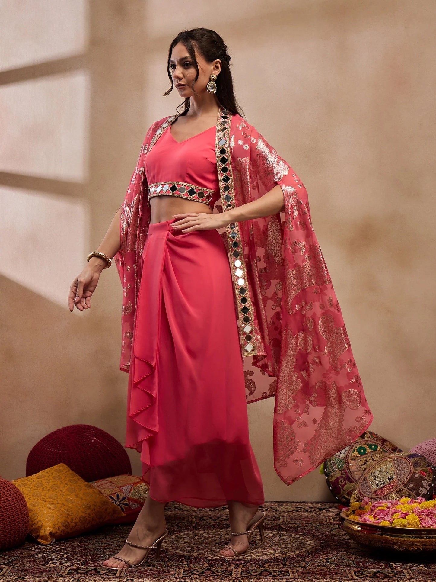 Coral V-Neck Crop Top With Draped Skirt & Cape