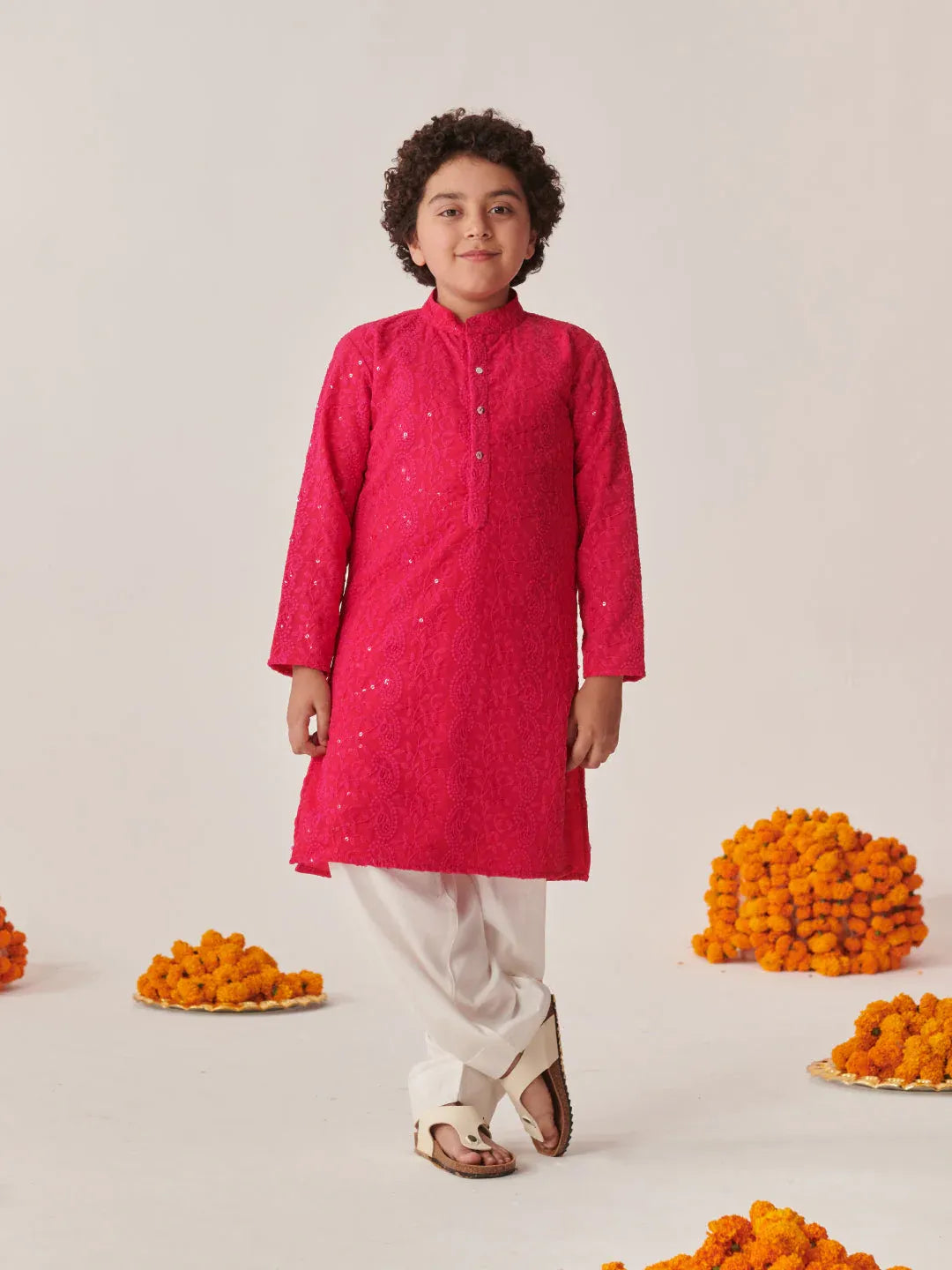 Boys Ethnic Magenta & White Embroidered Georgette Straight Fit Kurta Pyjama Set