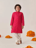 Boys Ethnic Magenta & White Embroidered Georgette Straight Fit Kurta Pyjama Set
