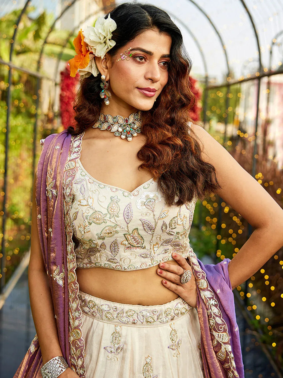Tissue Fabric with Sequins & Thread Embroidery Semi-Stitched Lehenga Choli & Dupatta - Green/Orange/Purple
