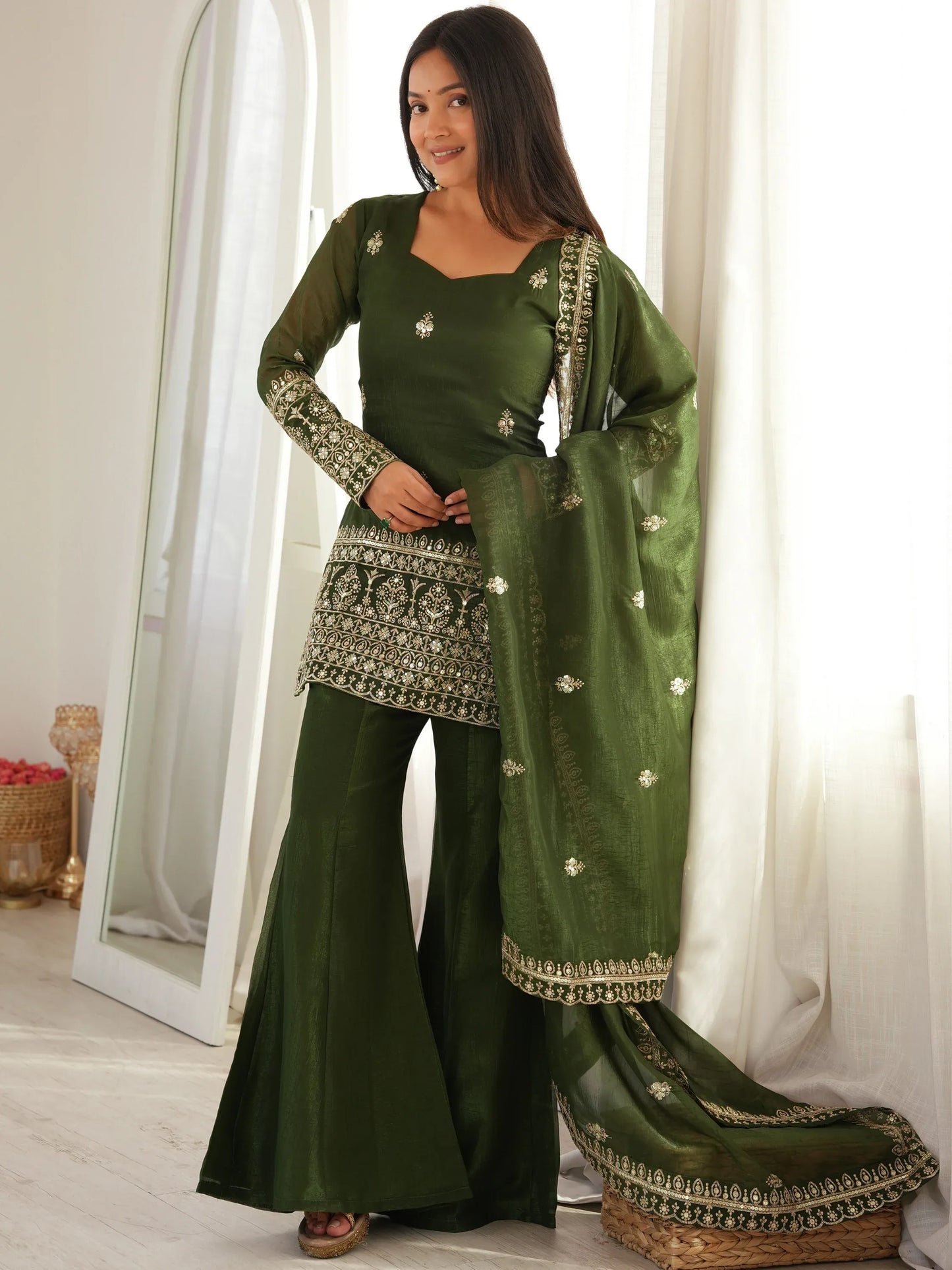 Green Zari Work Silk Mehendi Wear Palazzo Suit