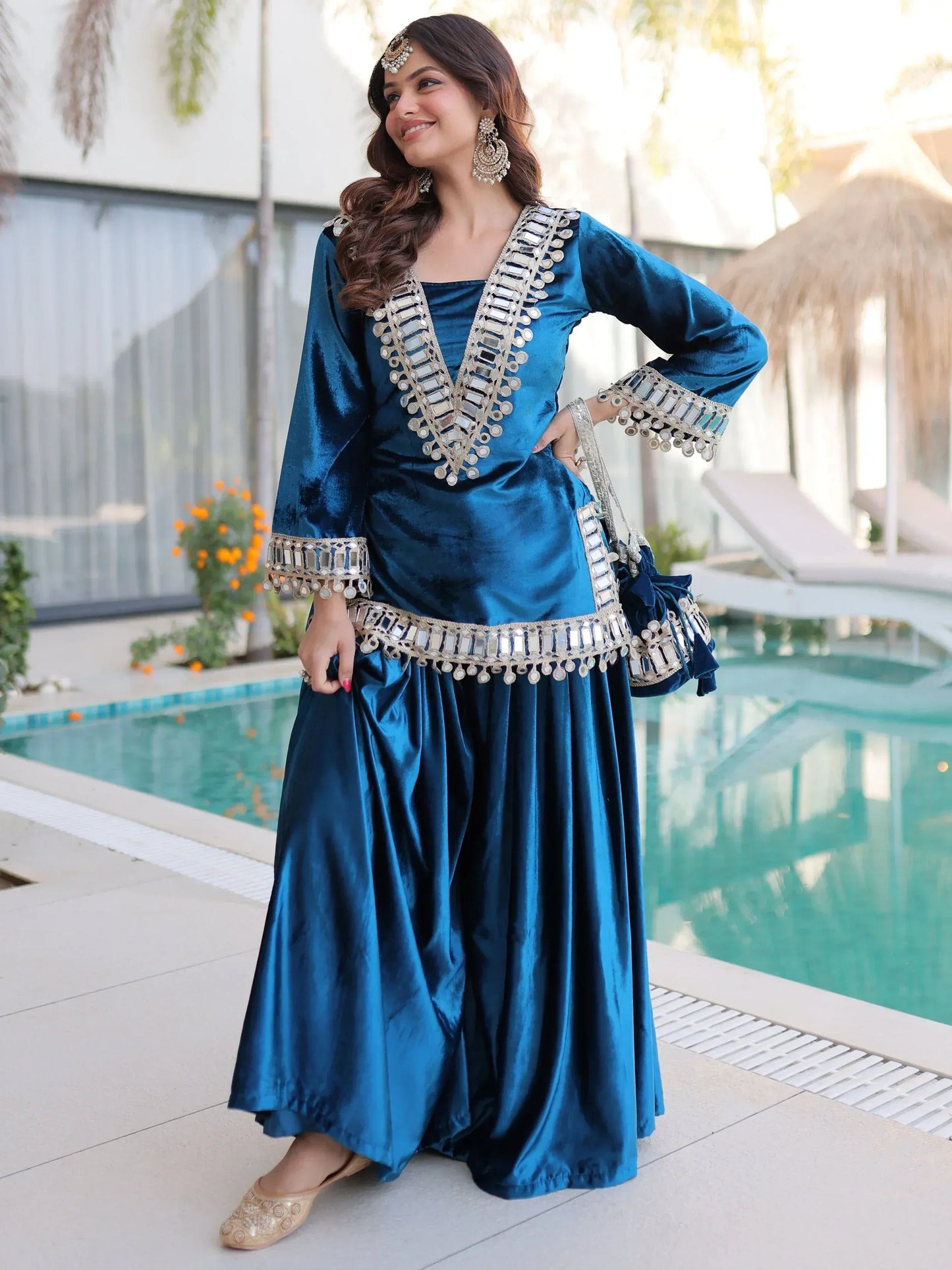 Teal blue and purple velvet mirror work sharara set for women, festive party wear, view 9