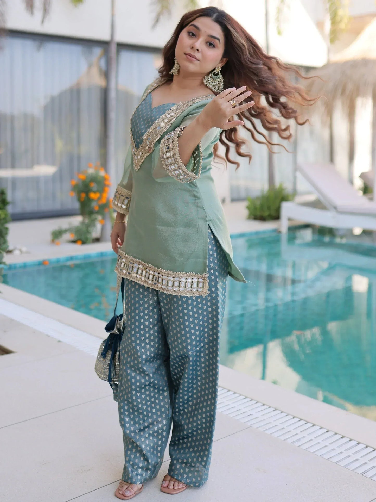Fabulous Mirror Work Organza Function Wear Top With Palazzo