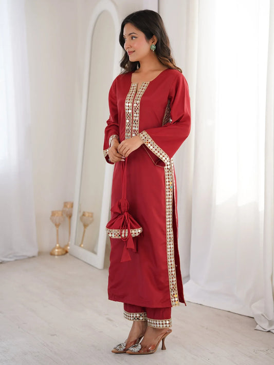 Stylish Mirror Laced Crepe Wedding Wear Kurti With Pant