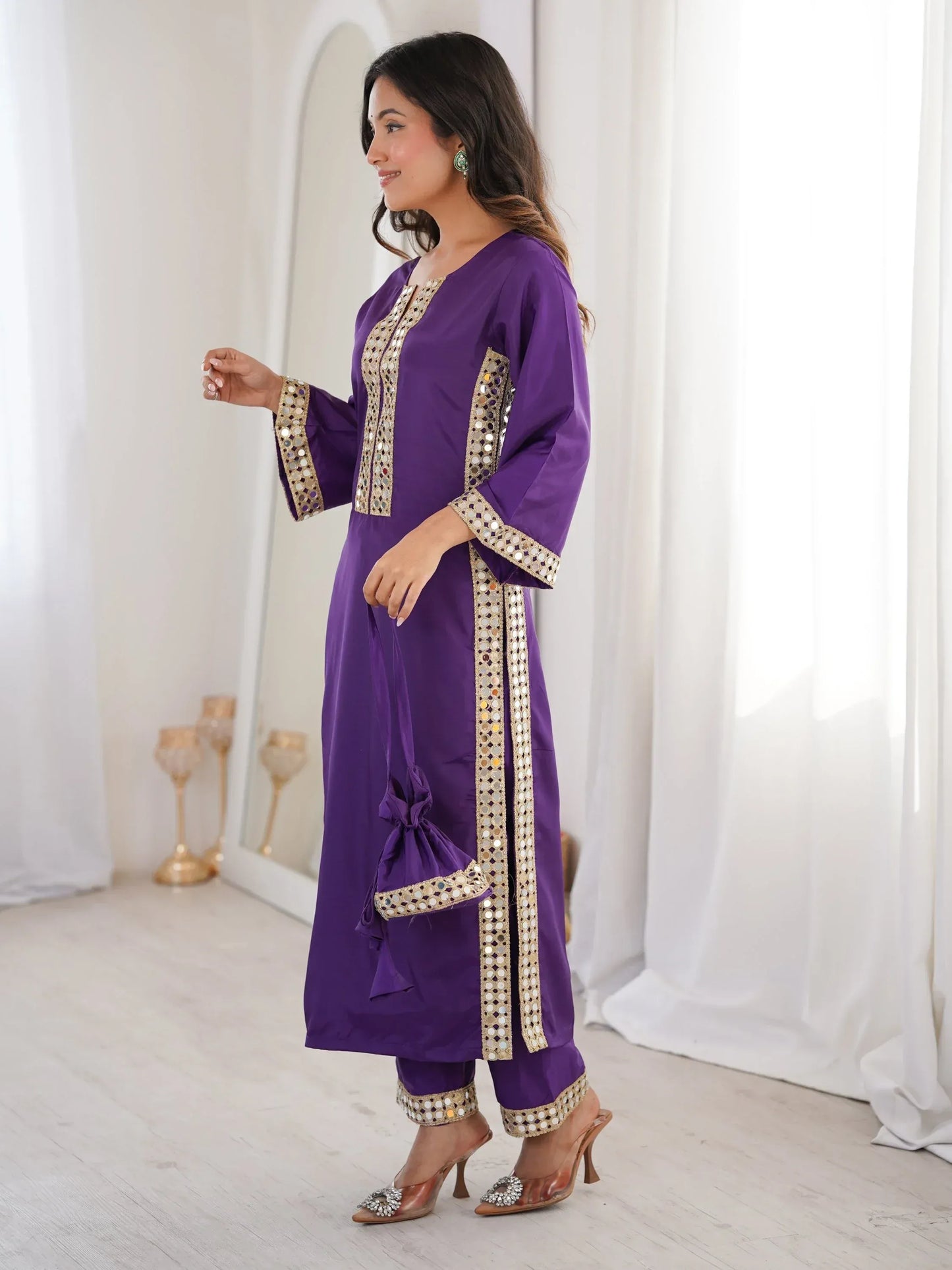 Stylish Mirror Laced Crepe Wedding Wear Kurti With Pant