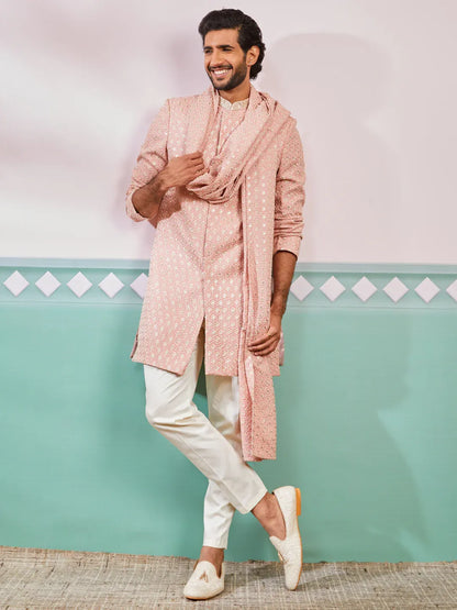 Men's Peach Rayon Indo Western And Pyjama & Dupatta Set