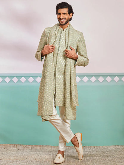Men's Pista Green Rayon Indo Western, Pyjama & Dupatta Set