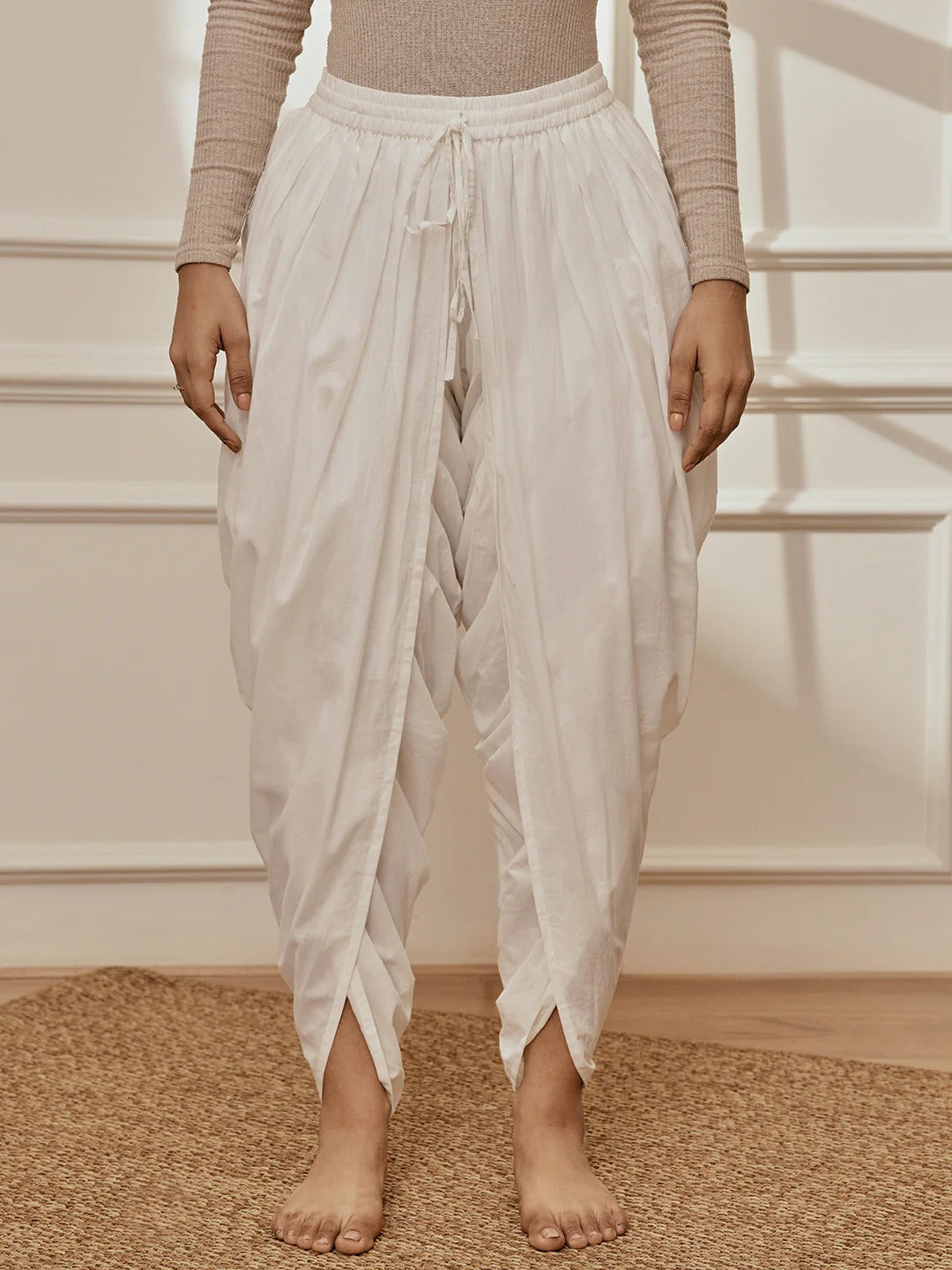 Womens White Cambric Cotton Dhoti Yoga Pants