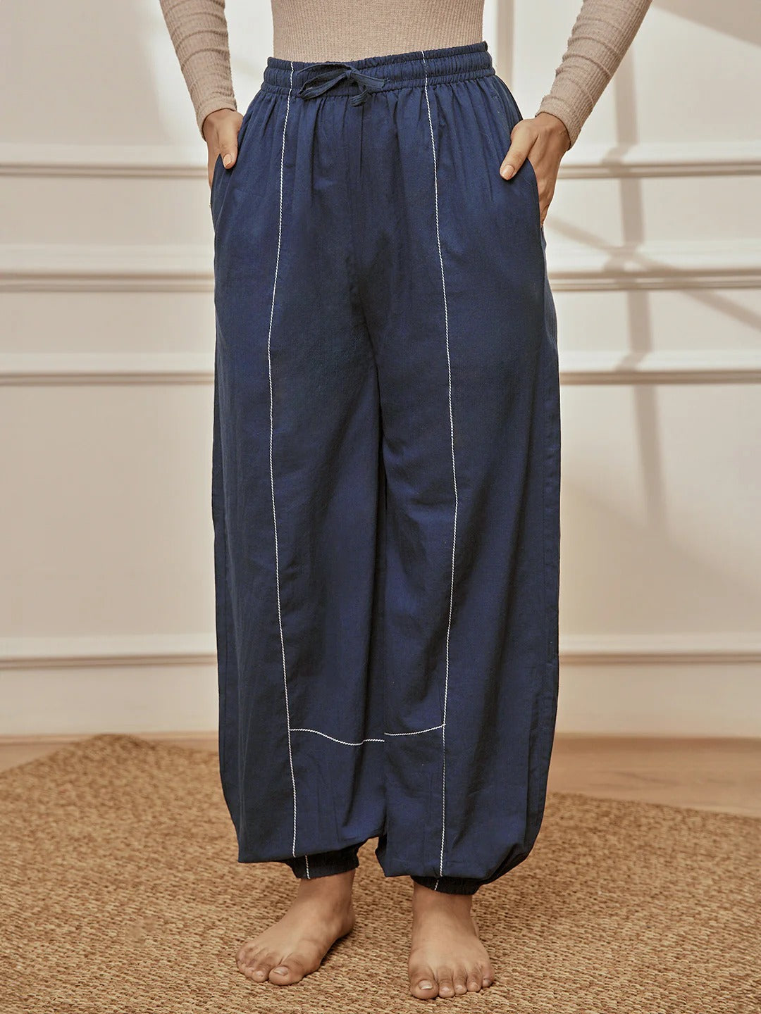Womens Navy Blue V-Neck Cambric Crop Top with Joggers Yoga Pants