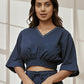 Womens Navy Blue V-Neck Cambric Crop Top with Joggers Yoga Pants