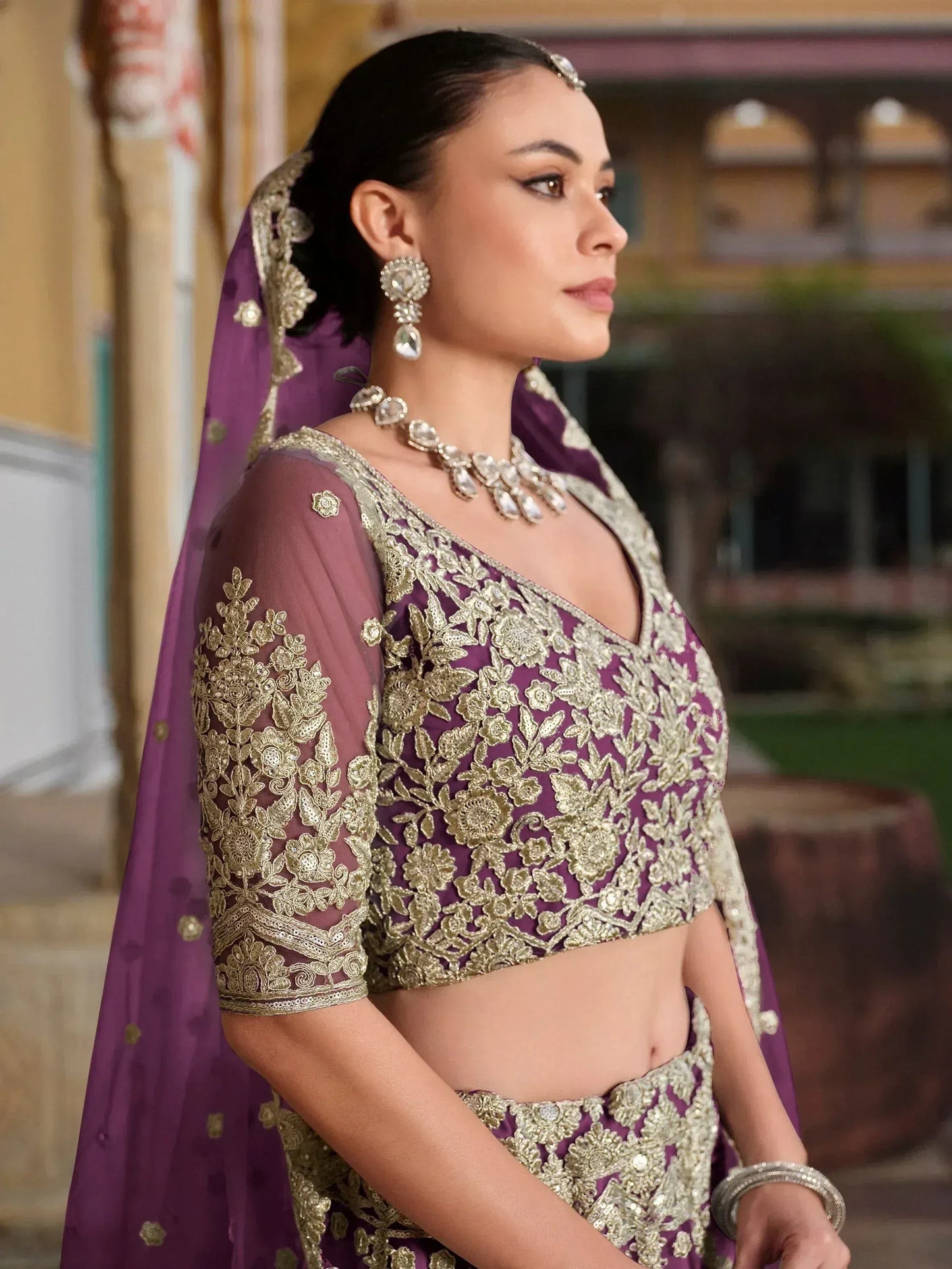 Zari Work Net Bridesmaid Lehenga Choli With Dupatta - Pista Green, Purple, Teal Green