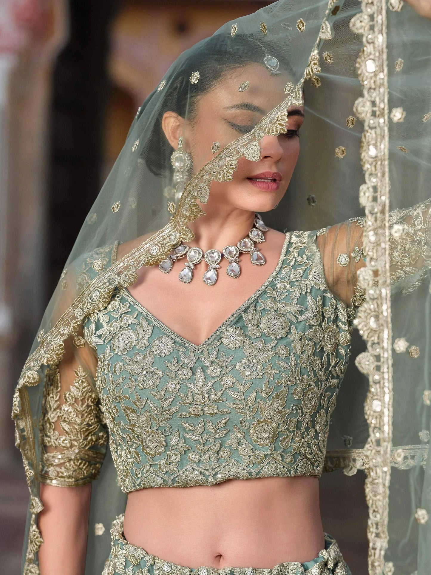 Zari Work Net Bridesmaid Lehenga Choli With Dupatta - Pista Green, Purple, Teal Green