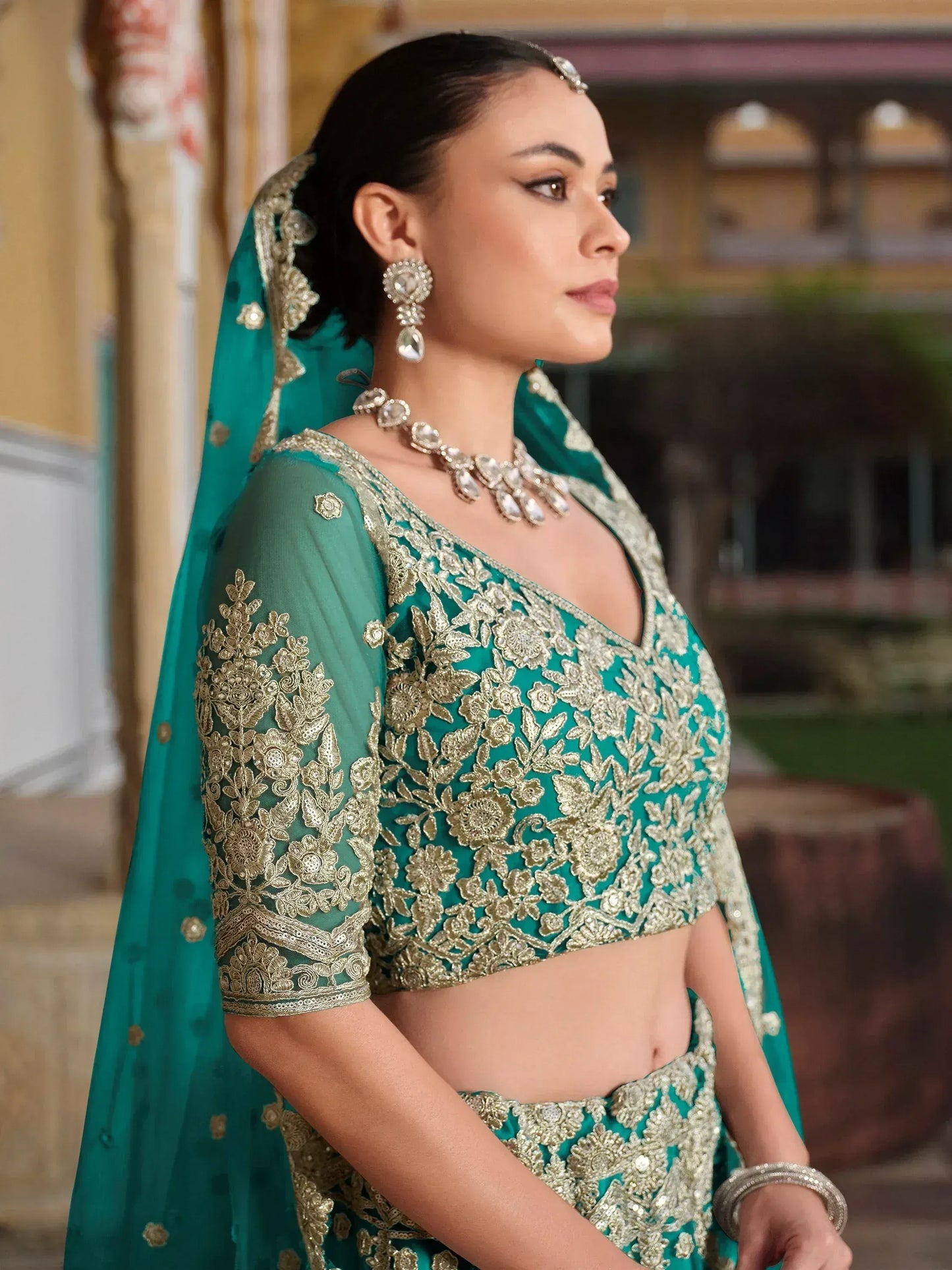 Zari Work Net Bridesmaid Lehenga Choli With Dupatta - Pista Green, Purple, Teal Green