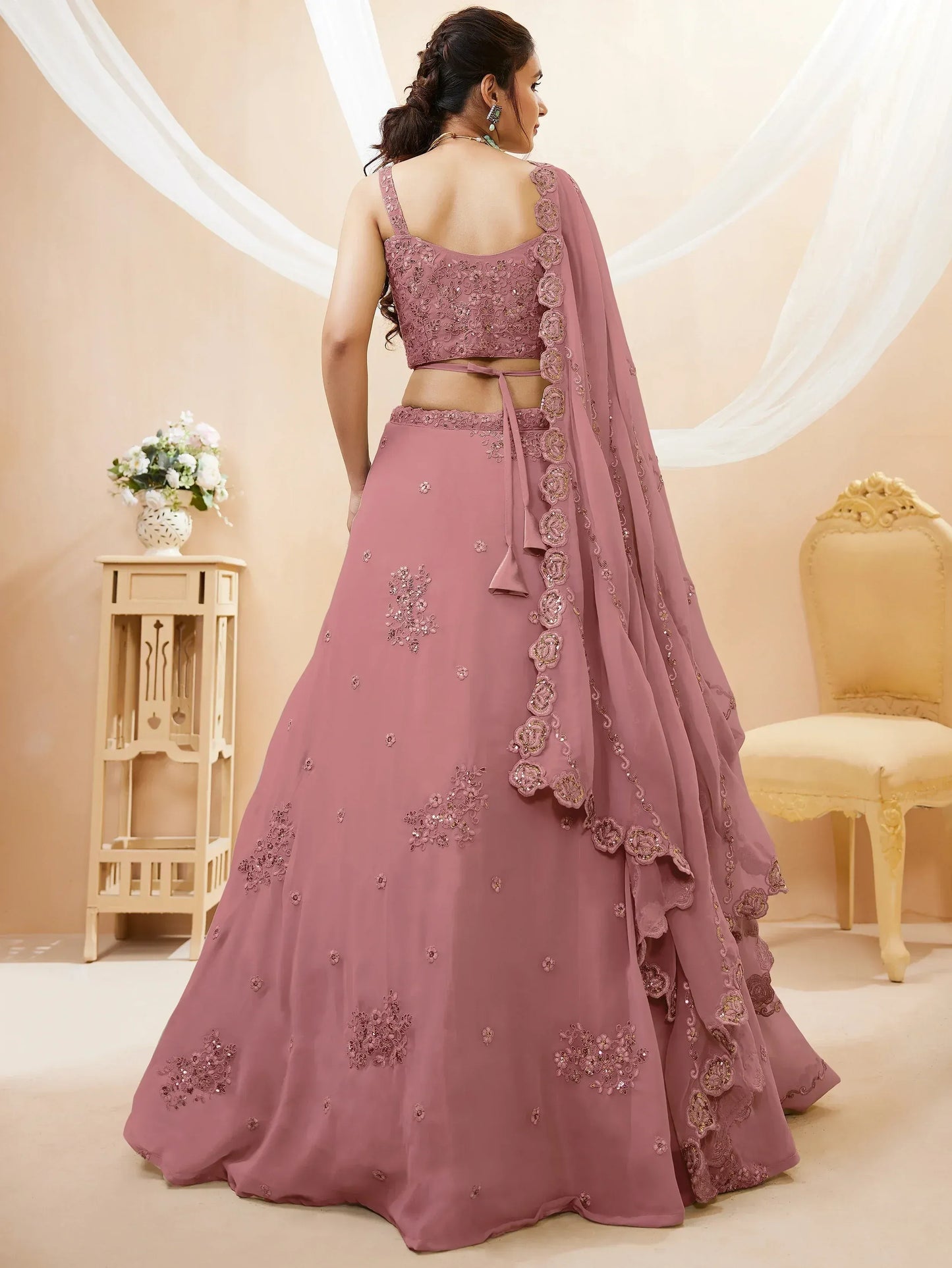 Pink & Silver-Toned Embroidered Sequinned Bridal Lehenga Choli Set With Dupatta