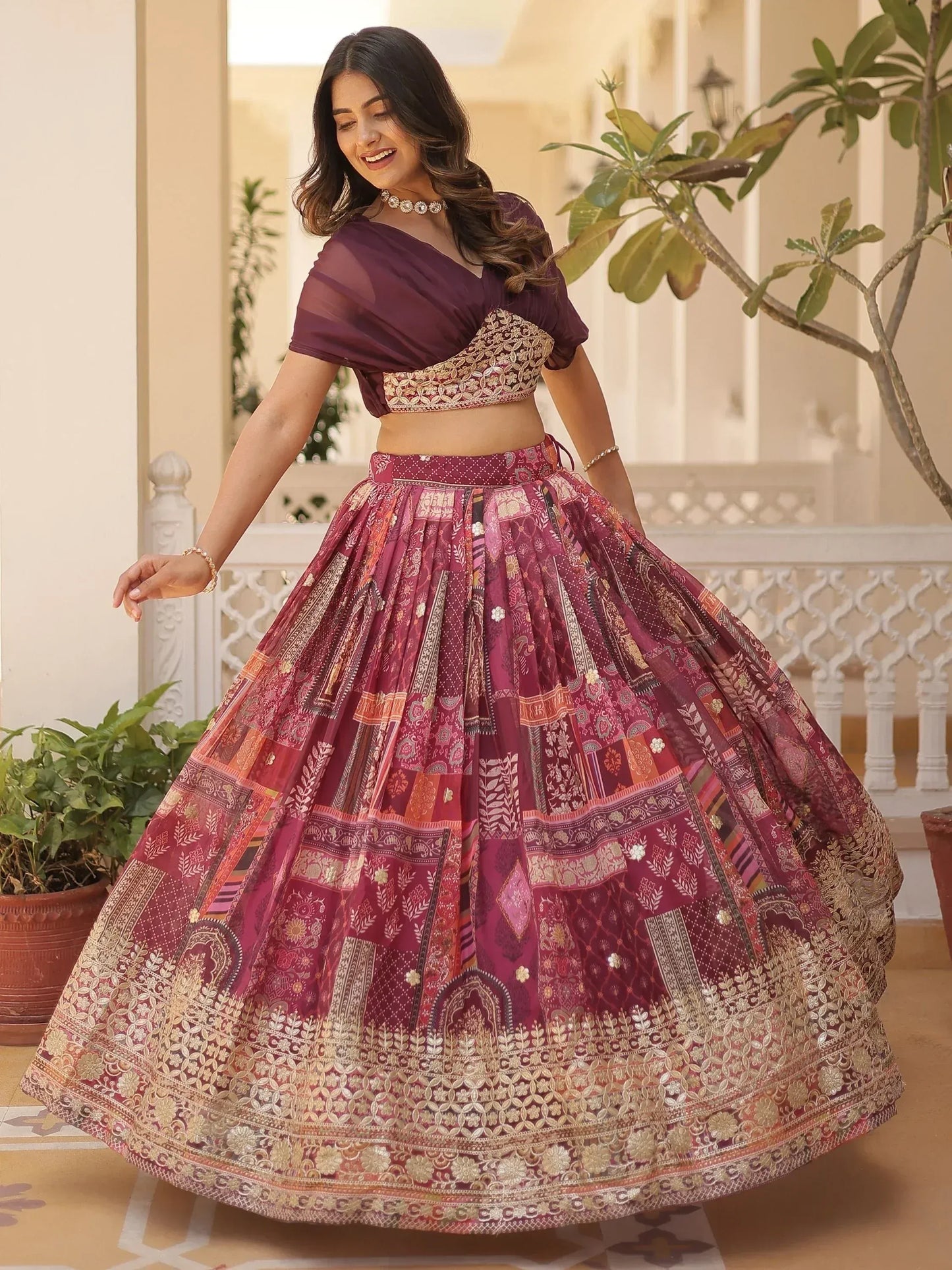 Digital Printed Silk Designer Crop Top Lehenga